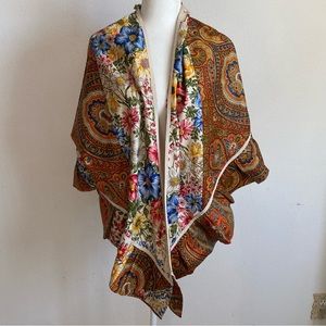 Lee Menichetti Shawl Artsy Floral Mixed Patterns Tapestry Wrap w Ruffled Trim